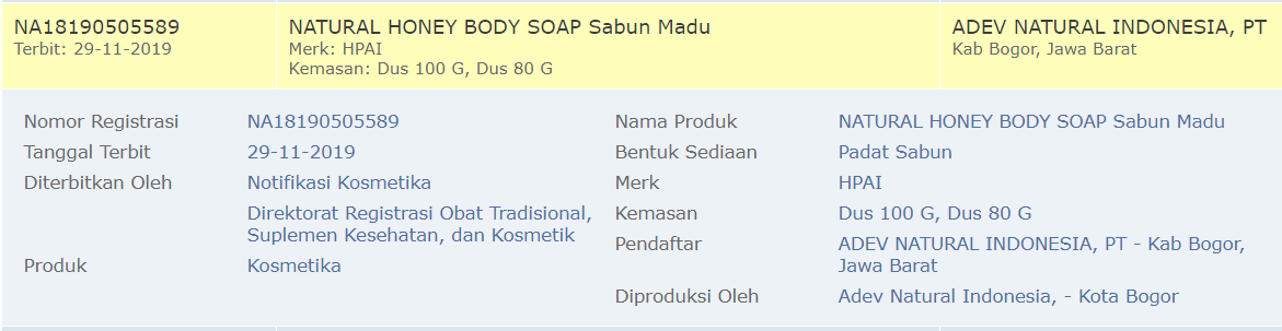 NA BPOM sabun madu hpai